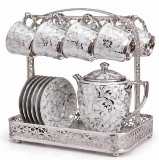 Teacup Set and Stand (White and Silver) #3010